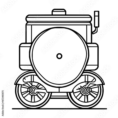 Illustration of a vintage steam powered vehicle with large rear wheel and detailed carriage design style