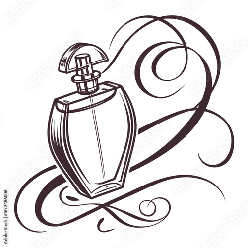 Elegant perfume bottle illustration with decorative swirls in a minimalist style