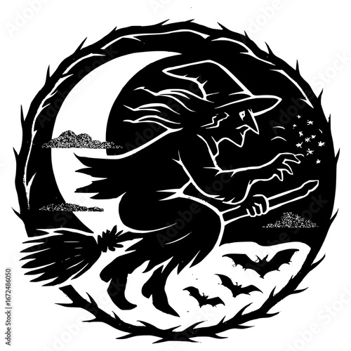 Spooky witch flies on broomstick against crescent moon with bats and stars