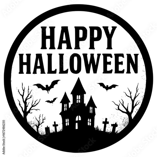Spooky Happy Halloween haunted house design with bats and graves