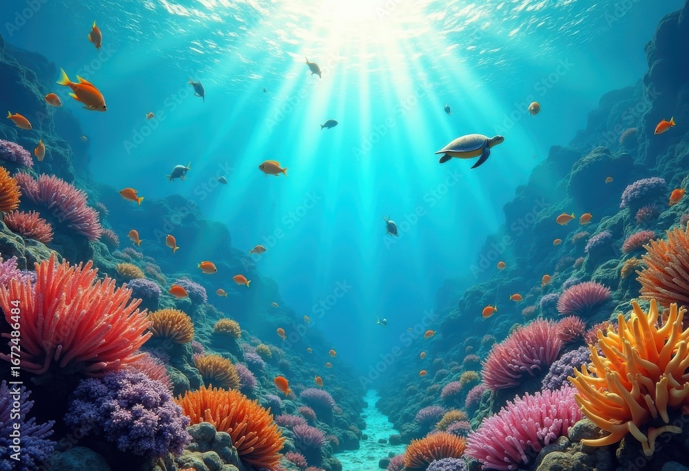 Naklejka premium vibrant coral reef habitat teeming colorful marine life diversity underwater ecosystem richness, hakbitat, aquatic, fish, seaweed, anemone, shell, stingray