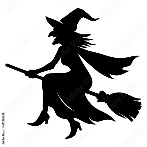 Spooky witch silhouette flying on broomstick for Halloween celebrations