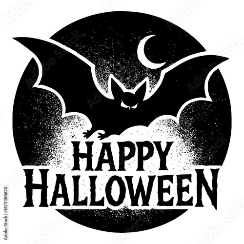 Spooky bat and moon with HAPPY HALLOWEEN text creates a festive holiday vibe