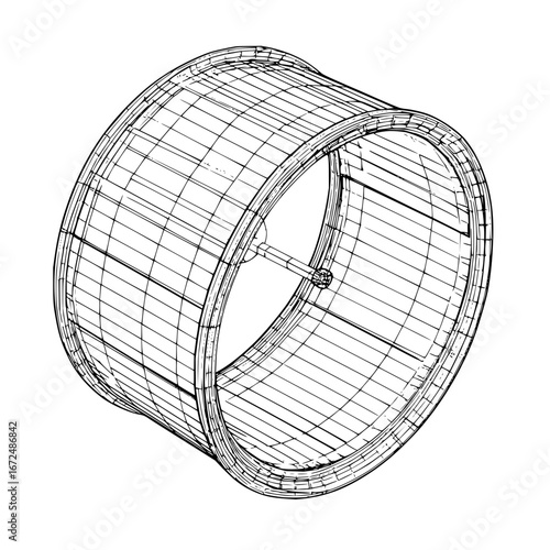 Isometric view of a wireframe cylinder with internal support rod on a white background design art