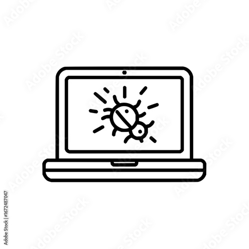 A laptop displaying a bug icon on its screen suggesting a virus or malware infection issue on device