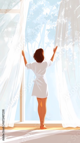 Minimalist morning moment as a woman opens curtains to illuminate a cozy bedroom with gentle sunlight and peaceful home vibes.