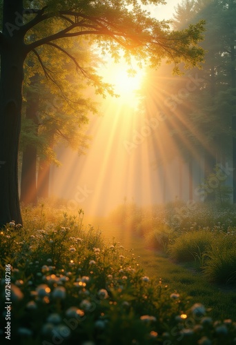 vibrant sun rays breaking through misty illuminating ethereal beauty magical sunrise scene  morning  mystical  forest  nature  light  landscape