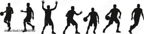 Dynamic basketball player silhouettes, sports action poses, male athletes dribbling, defending, jumping, and running, vector black and white illustration