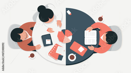 Group Study Concept. Vector cartoon illustration of students studying and collaborating together around a round table.