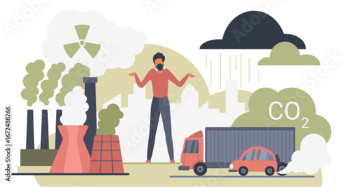Person wearing mask surrounded by factory smoke, vehicles, and pollution clouds highlighting environmental issues, carbon emissions, and health risks vector illustration