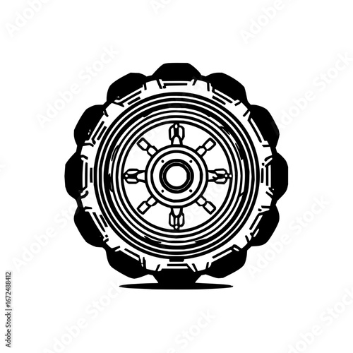 Stylized black and white illustration of a gear with circular center and spoke like design elements