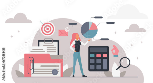 Businesswoman analyzing audit data with charts, calculator, documents, and cloud elements for financial review, accounting, and reporting purposes isolated on white background vector illustration