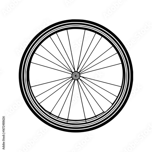 A detailed black and white illustration of a bicycle wheel with spokes and tire in a circular format