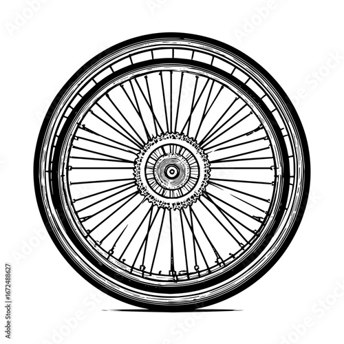 A detailed monochrome illustration of a spoked wheel with a tire and a central hub design element