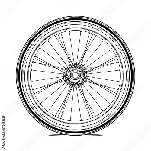 A detailed black and white line drawing of a spoked wheel showcasing its intricate construction and design