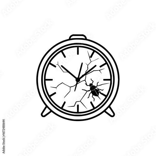 An alarm clock with a cracked face and a beetle crawling on it in a black and white illustration style