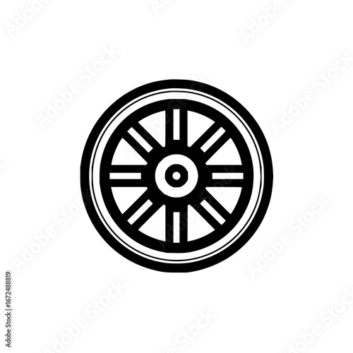 A detailed black and white illustration of a spoked wheel with a circular hub and outer tire design