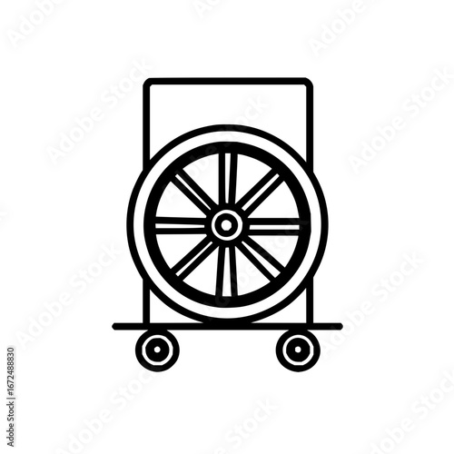 A simple black outline drawing of a cart with a large spoked wheel centered on the platform design