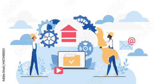 Cloud computing teamwork with gears, wrench, and digital data management for online service, storage, and maintenance solutions isolated on white background vector illustration