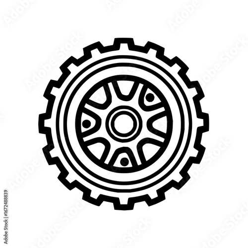 Illustration of a black and white gear wheel with inner circles and spoke design on a white background