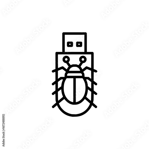 A stylized outline of a usb drive with a beetle superimposed on it suggesting a virus or malware threat