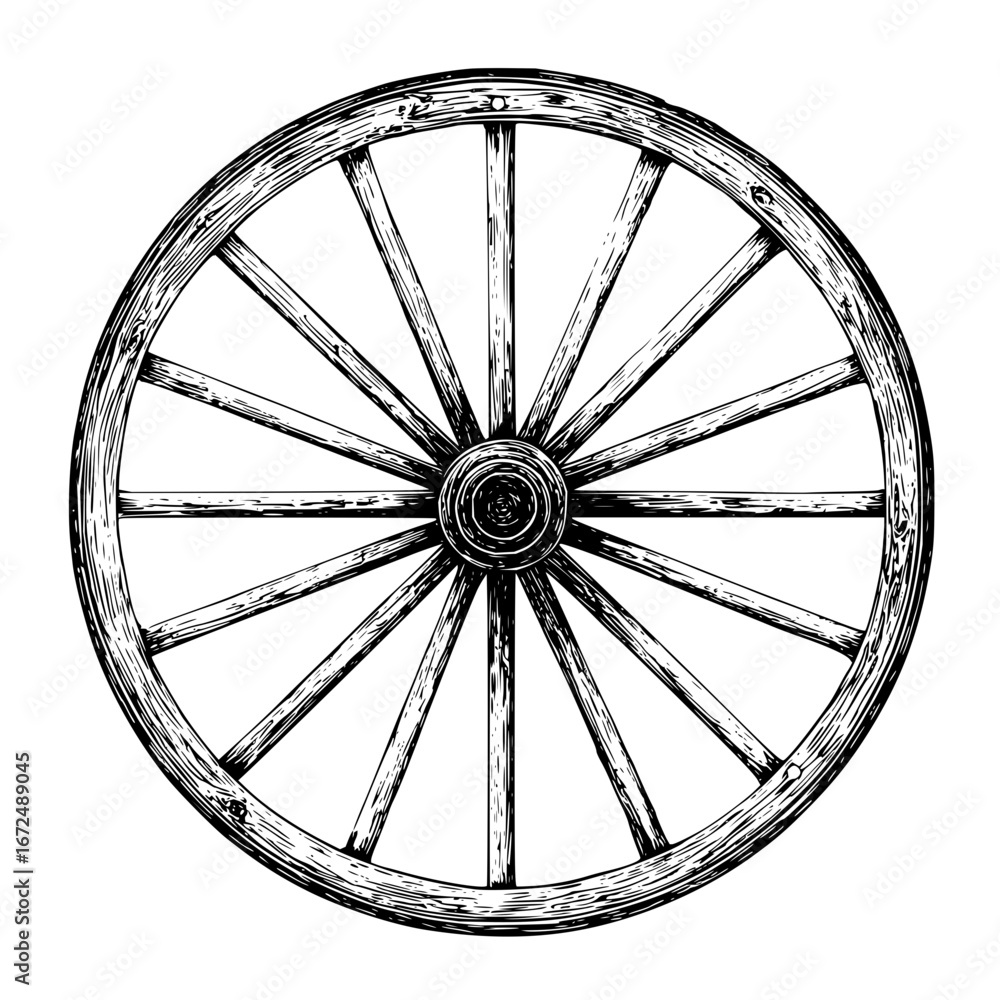 Obraz premium Illustration of a vintage wooden wagon wheel with spokes and a central hub in black and white style