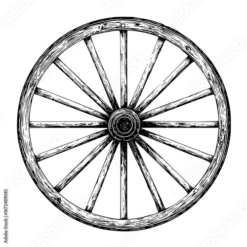 Illustration of a vintage wooden wagon wheel with spokes and a central hub in black and white style