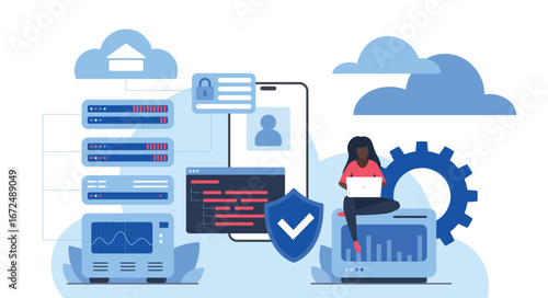 Cloud database technology with secure data storage, user authentication, analytics, and coding for business, IT, and web development solutions vector illustration