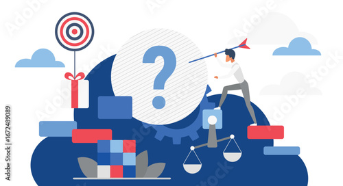 Businessman aiming dart at target symbolizing decision making process, problem solving, and goal achievement in a cloud environment for strategy and planning vector illustration