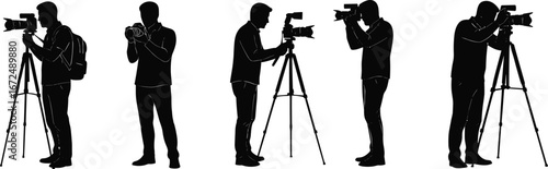 Photographer silhouettes with cameras and tripods, professional photography poses, photo shoot, camera gear, photographer icons, black silhouette art, creative visuals