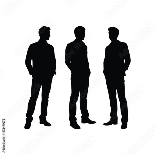 Three men silhouettes standing together in casual attire