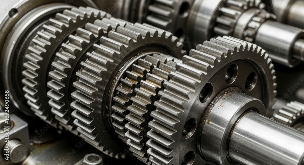 Fototapeta premium Close-up view of intricate gears and machinery components, highlighting precision engineering and complex mechanical systems.