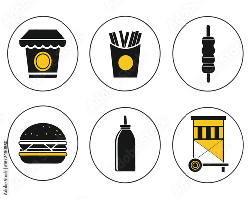 Vector Icon Set of Fast Food Items Including Burger, Fries, and More