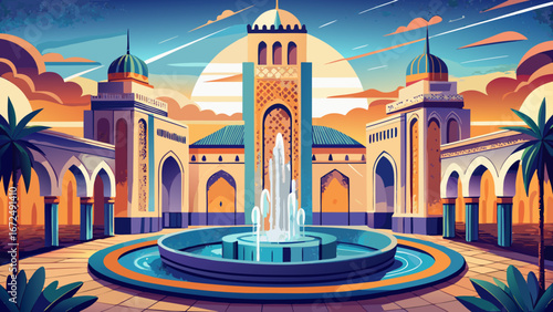 The fountain at Hassan II Mosque in Casablanca sparkles with flowing water. Surrounded by stunning architecture, it reflects Moroccan craftsmanship, spirituality, and the harmony between beauty, faith