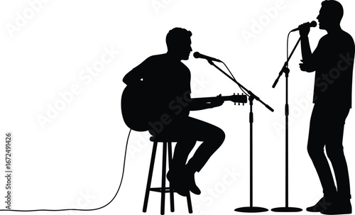 Silhouette of guitarist and singer performing live, acoustic music duo, stage performance clipart, black musicians vector illustration