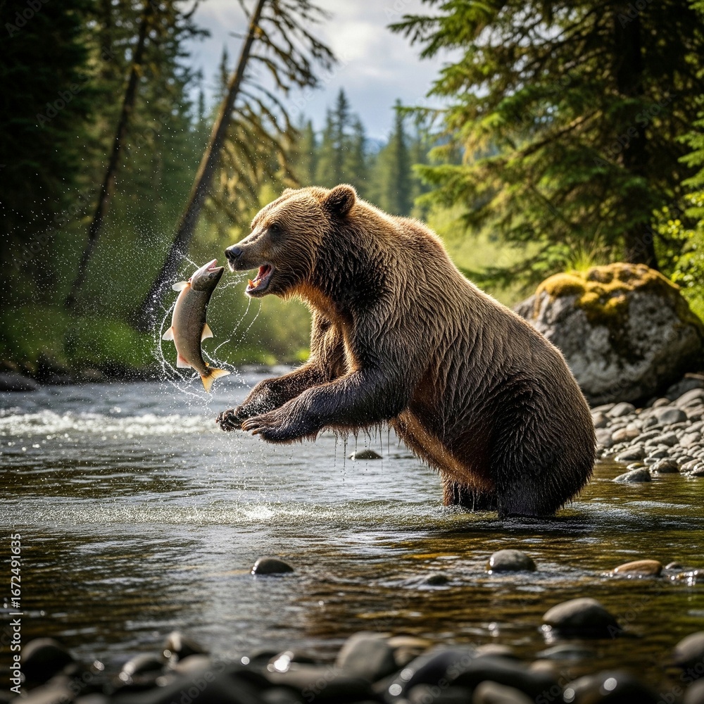 Fototapeta premium bear catching fish