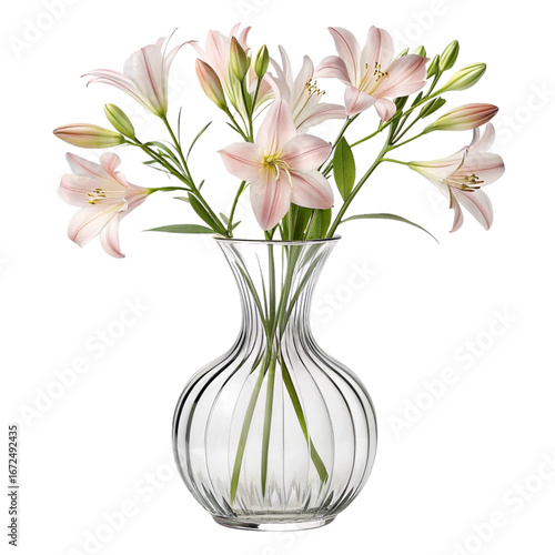 Elegant Pink Lily Flower Bouquet in Clear Glass Vase – Isolated Transparent Background PNG Design
