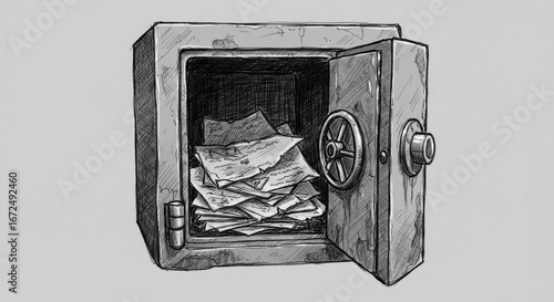 Illustration of an open safe filled with crumpled documents, depicted in grayscale with visible texture.