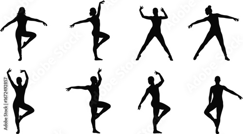 Silhouettes of dancers in expressive ballet and contemporary dance poses, graceful movement, performing arts, black and white vector illustration