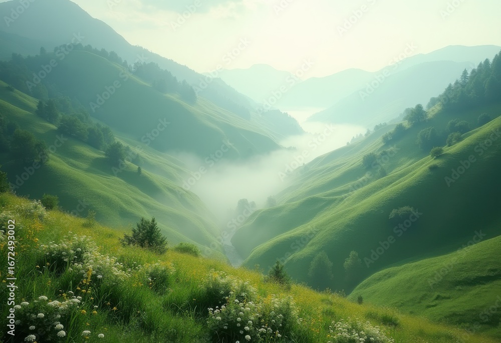 Obraz premium vibrant valley blanketed enchanting morning mist lush greenery tranquil landscape serene environment scenic view, nature, scene, fog, meadow, clearing