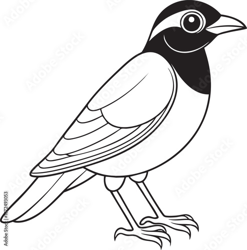 Simple cartoon line art of a myna bird perched and facing right