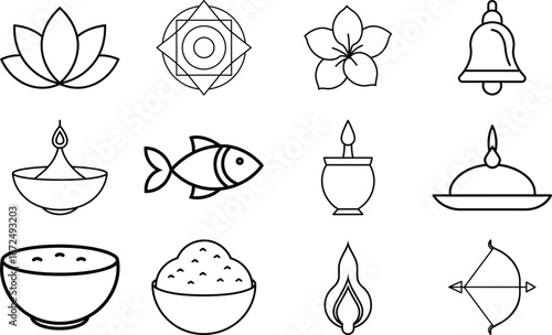 Spiritual and Cultural Line Art Icon Collection – Lotus, Hamsa Hand, Leaf, Temple, Drum, Eye Symbols Vector EPS