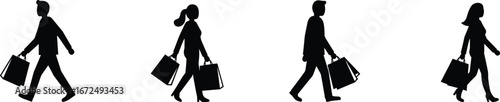 Silhouettes of men and women shopping with bags — walking buyers vector illustration