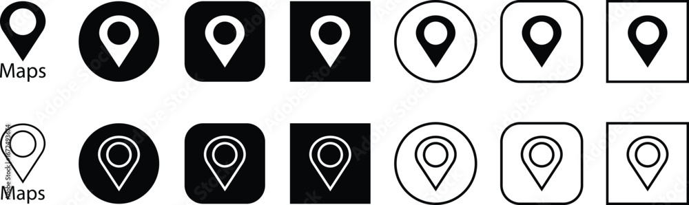 Fototapeta premium Map location pin icon set, black GPS marker collection, navigation point group, flat and line style symbols, geolocation pointer bundle with destination, position, place, and spot synonyms