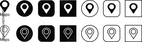 Map location pin icon set, black GPS marker collection, navigation point group, flat and line style symbols, geolocation pointer bundle with destination, position, place, and spot synonyms