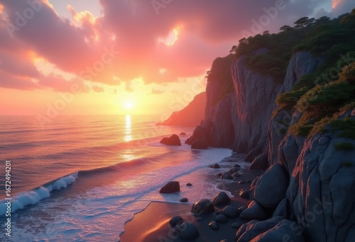 tranquil coastal cliffs sunset horizontal gradient ocean view serenity peaceful evening glow, shoreline, waves, sky, reflection, nature, landscape, dusk, water