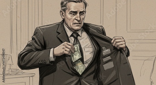 Illustration of a man in a suit secretly placing money inside his jacket pocket, looking concerned.