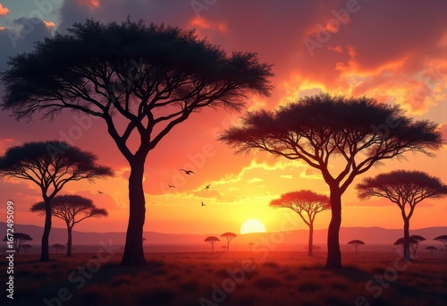 vibrant acacia trees silhouette stunning sunset sky colorful horizon wildlife landscape, nature, orange, pink, clouds, dusk, scenic, flora, outdoors, leaf