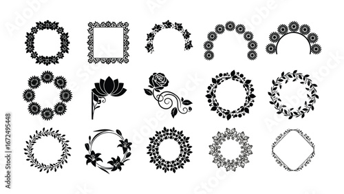 Floral Frames Showcase: An artful assembly of various floral frames and borders, elegantly presented in a collection of intricate patterns