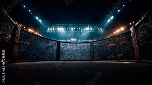 Empty fighting arena with spotlights and cage awaiting fighters